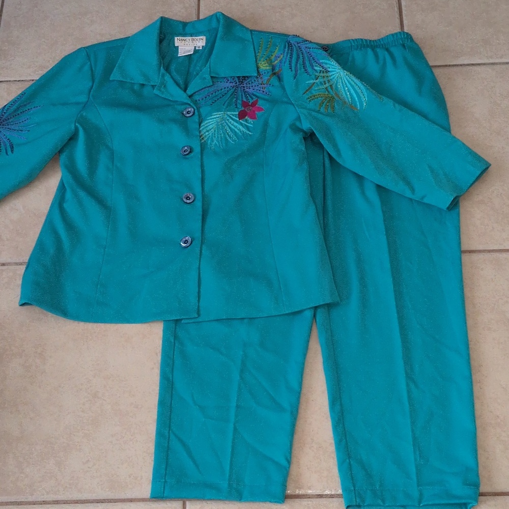 Nancy Bolen City Girl Petite Blue Beaded Embroidered Jacket & Pants Suit 12
